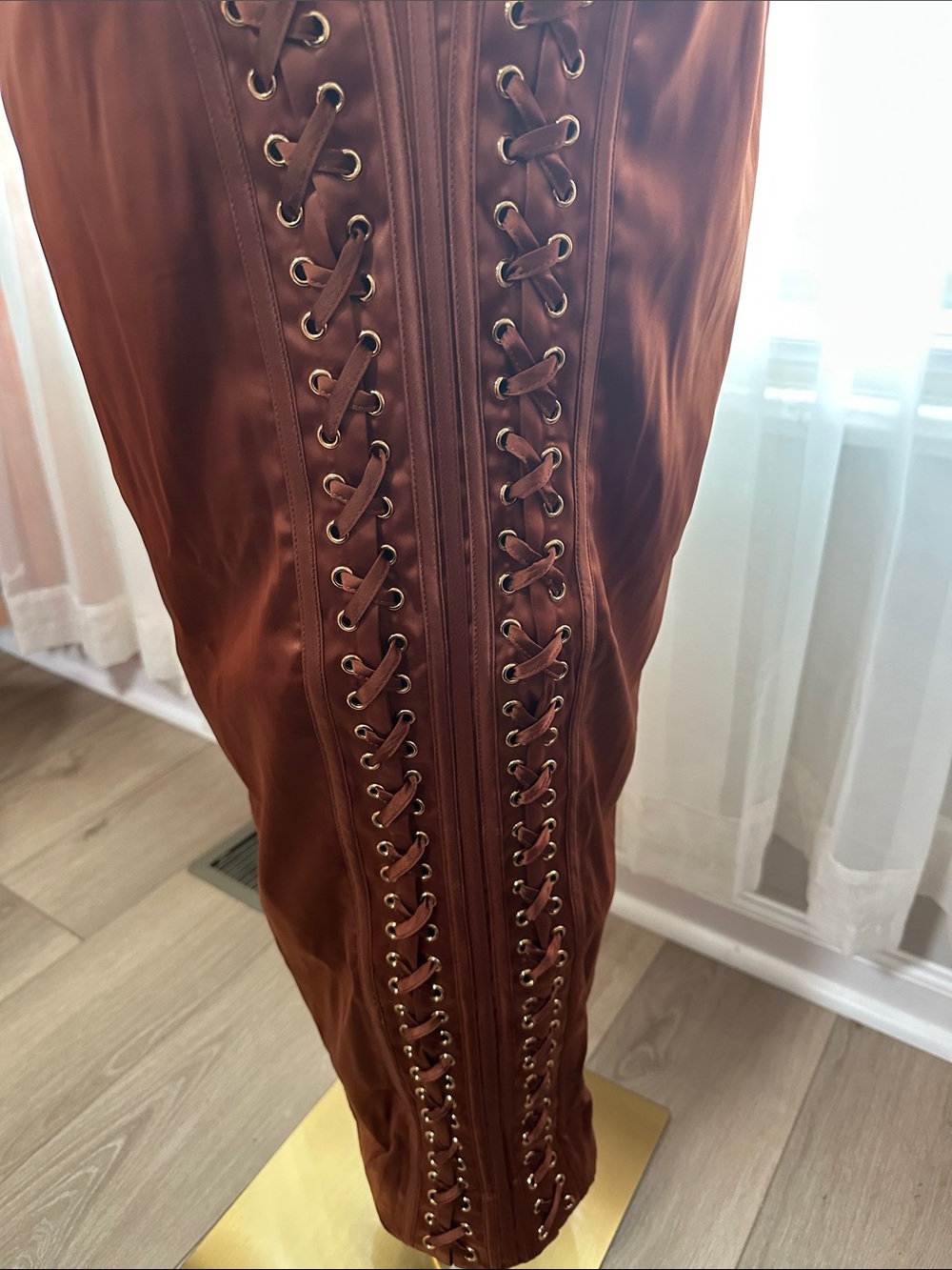 AKIRA Strapless Corset Satin Midi Dress in Chocolate Brown - Picture 9 of 10